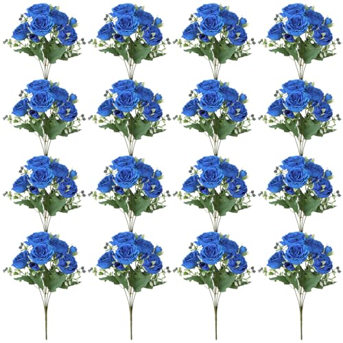 16 Pack Royal Blue Peonies Artificial Flowers,Fake Silk Hydrangea Bouquet for Bridal Wedding Home Table Decor Reusable Dining Opening Ceremony Birthday Arrangement Faux Floral - color: Royal Blue
