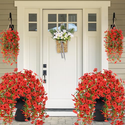 Sggvecsy Artificial Fake Hanging Flowers Plants for Outdoor Outside Spring Summer Decoration 2PCS Faux Silk UV Resistant Realistic Mums Daisy with Eucalyptus for Home Porch Patio Balcony(Red) - color: Red