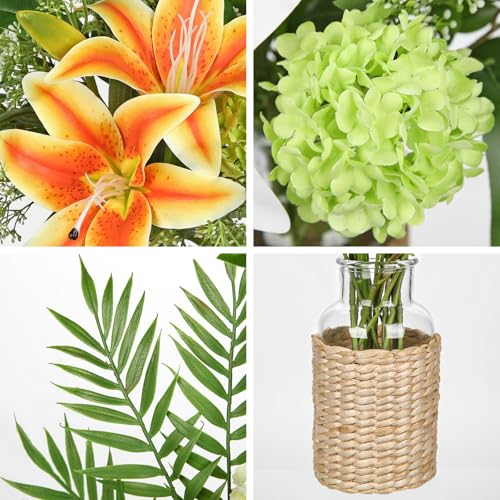 Hollyone Fake Flowers with Vase, Orange Silk Tiger Lily Artificial Flowers in Vase, Faux Plants and Flowers Arrangement Bouquets with Vases for Table Centerpieces Office Bathroom Home Decor - color: Orange