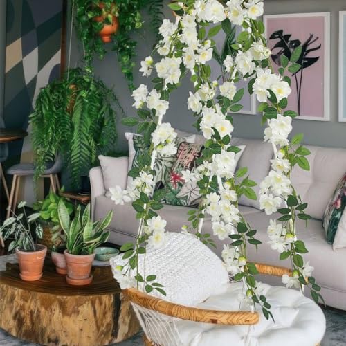2 Pcs Artificial Flowers Garland for Outdoors White Faux Gardenia Garland 12Ft Silk Rose Hanging Vines Floral for Wedding Arch Party Wall Garden Ceremony Backdrop Fence Spring Decor - color: White