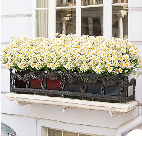 Artificial Daisies Outdoor Artificial Flowers,8 Bundles UV Resistant Fake Flowers Outdoor Plastic Flowers Shrubs for Indoor Outside Garden Porch Window Box Home Decor(White) - color: White, size: 8 Bundles