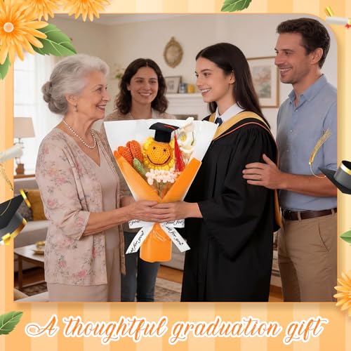 2026 Graduation Crochet Flowers Bouquet Gifts Class of 2026 Graduation Gift for Her Sunflower Mortarboard with Greeting Cards Bag Handmade Knitted Artificial Flowers for Grad(Yellow) - color: Yellow