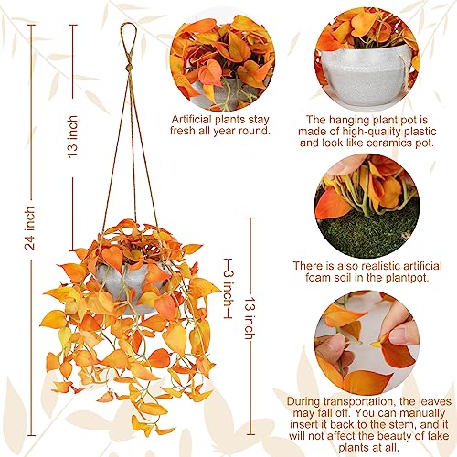 TNNTOPELE Autumn Fake Hanging Plants with Pot, 2 Pack Artificial Hanging Plants, Faux Anthurium Leaf Hanging Basket Plant for Indoor Outdoor Wall Home Room Office Decor - color: Orange