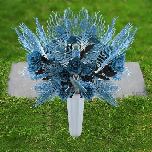 Cemetery Artificial Flowers with Vase Angel Mark - 2 Set Artificial Blue Rose Grave Memorial Flowers- Prayer & Trumpet Angel Pendant for Headstones Gravesite Decoration - color: Blue Ym