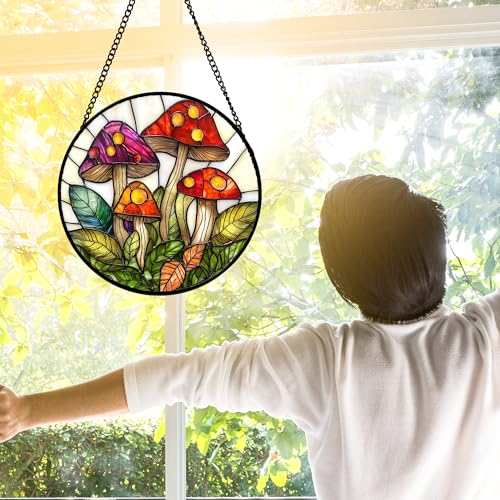DASTOLL Stained Glass Window Hanging, Mushroom Leaves Suncatcher for Doors Home Sun Catchers Decoration and Christmas, Mother's Day Birthday Gifts for Women, Men, and Mom 11.8x11.8 in - color: Red and White, size: 11.8x11.8 IN