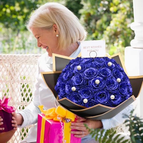 Waipfaru Blue Glitter Roses Bouquet, DIY Fake Flowers Bouquet, Everlasting Shiny Artificial Rose Bouquet for Valentines, Anniversary, Engagement, Wedding, 24 Roses - color: Blue, size: 24pcs
