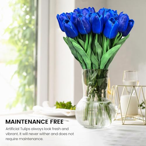 30 PCS Artificial Tulips Real Touch Tulips 13.5inch Long Stem Fake Flowers Silk Flowers for Spring Easter Mother's Day Decorations（Royal Blue） - color: Royal Blue