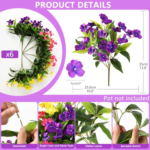 Artificial Impatiens Flowers for Outdoors, 6 Bundles Multicolor Silk Fake Flowers for Spring Summer Decoration, UV Resistant Faux Plants Plastic Bouquet for Home Planter Porch Patio Yard Decor - color: Purple,yellow,pink