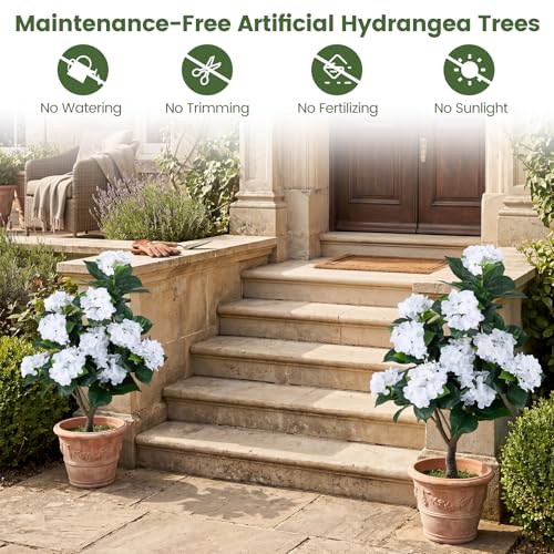 Goplus Artificial Hydrangea Tree, 2 Pack Fake Floral Plant w/11 White Flowers & Realistic Trunk in Plastic Nursery Pot, Indoor Silk Flower Tree for Home Office Living Room Housewarming Gift (White) - color: White
