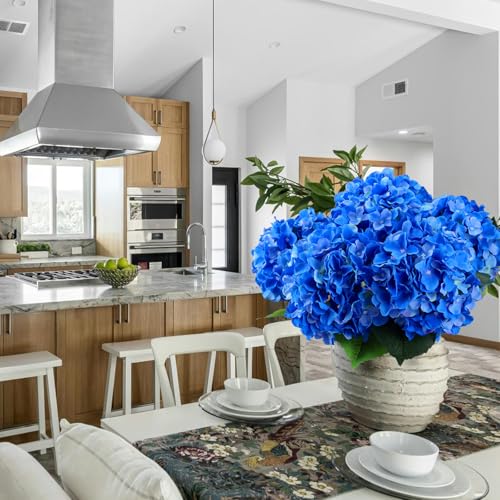 6PCS Large Silk Hydrangea Flowers, 20 in Full Faux Hydrangea Artificial Flowers with Stems Leaves for Fake Bouquets Home Wedding Party Centerpieces Arrangements Indoor Outdoor (Dark Blue) - color: Dark Blue