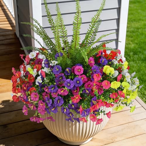 Hrobek Artificial Flowers for Outdoors Faux Plants Outside Indoor,UV Resistant Silk Fake Morning Glory Tall Ferns for Home Patio Garden Yard Front Porch Decor (13 Bunches,7 Multi Colors) - color: 7 Color Mixed (2 Purple,2 Light Purple,2 Fuchsia,2 White,2