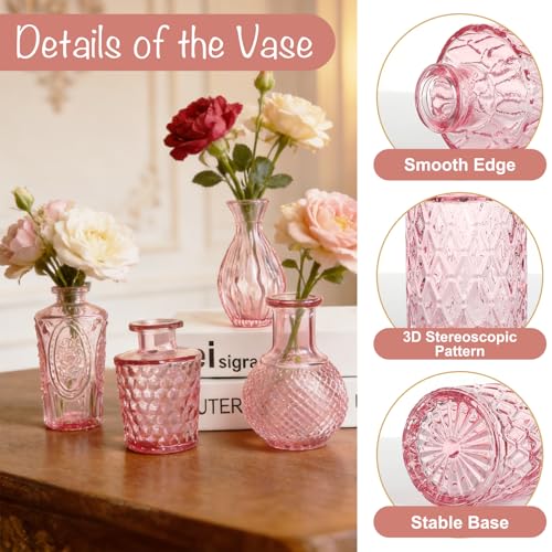 Petal Petite Small Pink Glass Bud Vase Set of 24 for Wedding Centerpieces | Pink Glass Vase, Mini Bud Vases in Bulk, Vintage Flower Vase Set for Single Stem, Home and Office Decor - color: Pink