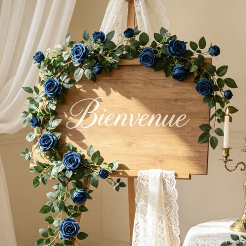 2 Pack 11.2 Ft Artificial Flower Garland with White Roses, Realistic Fake Greenery Vines with 17 Roses Flowers for Wedding Table Centerpieces Arch Party Ceremony Backdrop Decor (Blue) - color: Blue