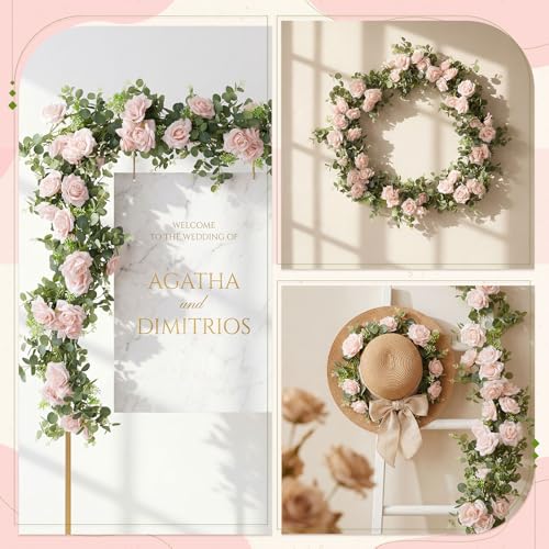 Riceshoot 6 Pcs 26 ft Artificial Eucalyptus Vines Garland with Flowers Faux Floral Greenery Garlands Rose Wreath for Wedding Party Arch Table Decor Backdrop Decorations (Pink) - color: Pink