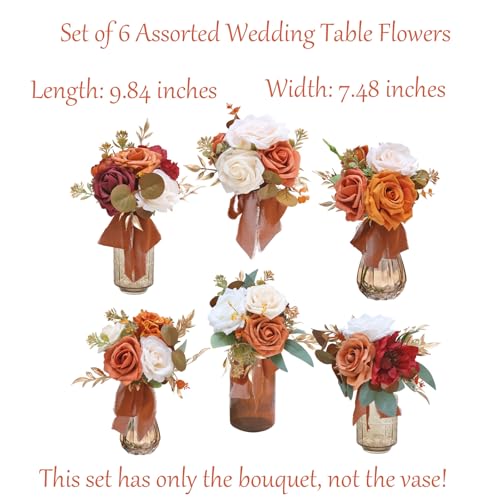 Marriwise Set of 6 Assorted Wedding Flower Centerpieces Pre-Made Mini Bridesmaid Bouquets Artificial Flower Terracotta Table Decor for Fall Wedding Decorations Shower Home Decor - color: Burnt Orange