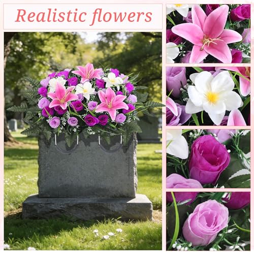 Cemetery Flower Saddle - Grave Flowers for Cemetery,Artificial Rose, Lily & Orchid Arrangement for Headstone - All-Weather Grave Decor for Outdoor Tombstone Headstone Decorations (Purple) - color: Purple