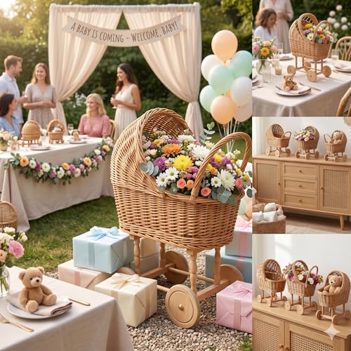 Vintage Wicker Baby Carriage Decor，Woven Rattan Stroller Flower Basket Cart for Wedding Centerpieces, Baby Shower Party Supplies & Nursery Floral Arrangement Props Floral Rustic Home Decor - color: Large-1