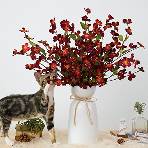 Artificial Flowers Blossom Stems Dogwood Silk Flowers Fake Cornus Bush for Home Decoration Table Centerpieces, 8 PCS (Red) - color: Red