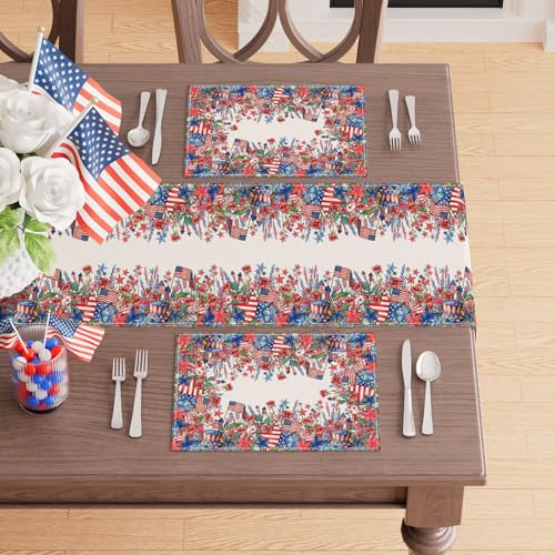 XCHI Watercolor Flowers America Stars Fireworks Memorial Day Placemats Set of 4 Table Mats 4th of July Patriotic Independence Day for Party Home Kitchen Dining Table Decorations 12x18 Inch - size: Placemats Set of 4 （12x18 Inch）