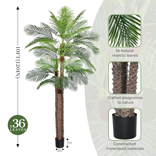10ft Large Artificial Palm Tree for Outdoors Faux Triple Phoenix Palm with 36 Leaves,120 Inch Tall Fake Tropical Palm Tree for Patio,Poolside,Garden,Home Office Indoor Decor(10feet,1Pack)
