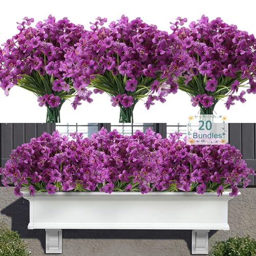 20 Bundles Artificial Flowers for Outdoors, UV Resistant Fake Realistic Flowers with Plastic Plants Spring Decor, Faux Silk Flowers for Outside Window Box Front Porch Planter Decor-Purple - color: Purple