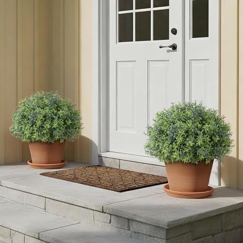 2 Sets Artificial Rosemary Topiary Ball Trees for Front Door - UV Resistant Faux Outdoor Rosemary Bushes, Fake Spring/Summer Greenery Potted Plants for Farmhouse Garden Porch Outside Decor