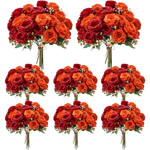 Geosar 8 Bundles Artificial Peonies Flowers Fake Silk Peony Bouquet Faux Peonies Flowers Bulk for Decoration Vase Floral Arrangements Wedding Party Table (Orange,Deep Red) - color: Orange, Deep Red
