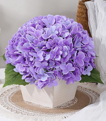 Artificial Hydrangea Flowers Arrangement in Wood Planter, 4PCS Fake Purple Flowers in Wooden Vase Potted Floral Centerpieces for Tables Living Room Home Office Room Shelf Kitchen Decor - color: Light Purple Hydrangea