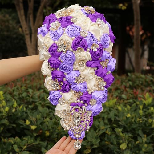 Handmade Satin Rose Water Drop Bridal Bouquet,8.7inch Crystal Wedding Round Tossing Bouquet,Jewelry Proposal Bridesmaid Bouquet Groom Corsage Bride Wrist Flower Ivory (07#Ivory Purple) - color: 07#ivory Purple