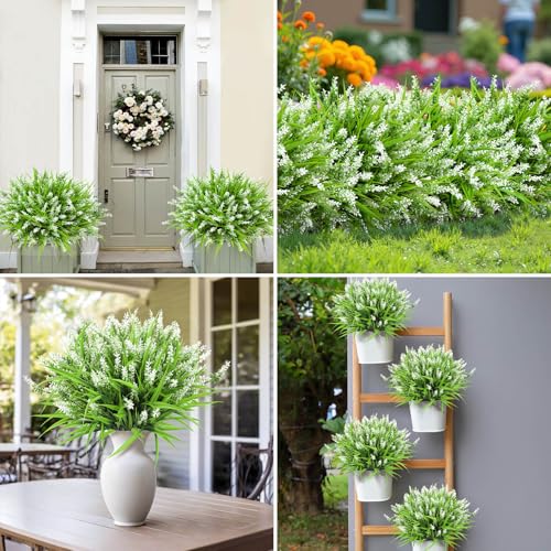 Ouddy Decor 24 Bundles Artificial Flowers for Outdoors, Fake Lavender Flowers Monkey Grass Faux Plastic Plants Shrubs UV Resistant for Porch Garden Window Box Office Home Decorations, White - color: White