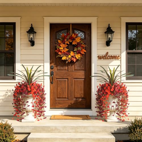 8 PCS Fall Artificial Morning Glory Flowers for Outdoors+Ochid Fake plants | UV Resistant Weatherproof for Indoor Outdoor Garden Patio Window Box Home Decor - color: Orange Brown Red-edged Orchid Plant