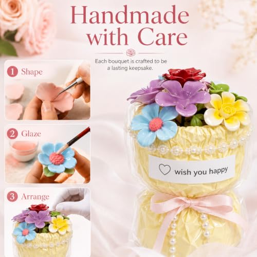 Porcelain Flower Bouquet - Handmade Ceramic Flowers Floral Arrangement, 6 Unique Blossoms, 6 inches Height, Shelf Living Room Decor, Ideal Gift for Mother’s Day, Birthdayr (Yellow-Rose) - color: Yellow-rose