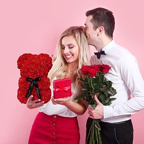 DuHouse Rose Bear Rose Teddy Bear Flower Gift Black Box for Valentines Gifts Anniversary Christmas,Birthdays Bridal Showers -Fully Handmade 10 inch Flower Bear Clear Gift Box(Red) - color: Red