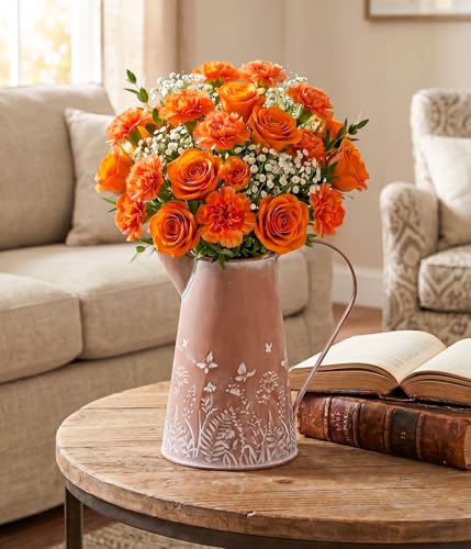 Yoillione Rustic Farmhouse Flower Vase, Shabby Chic Clay Brown Metal Jug Vase for Kitchen and Table Decor, Gifts for Women - color: Clay Brown Wildflower, size: Small