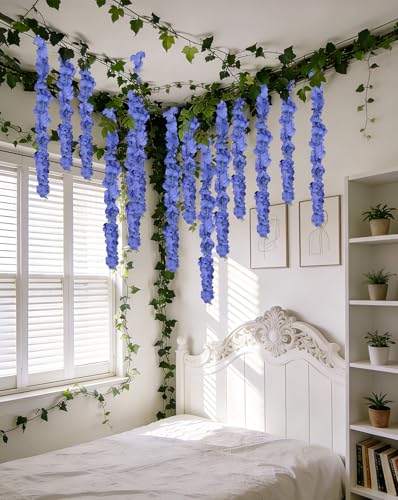 3PCS Royal Blue Wisteria Hanging Flowers, 5.25ft Artificial Wisteria Garland with 6 Branches Blue Hanging Flowers for Decoration, Wedding Arch, Party Backdrop, and Home Wall Decor - color: Royal Blue