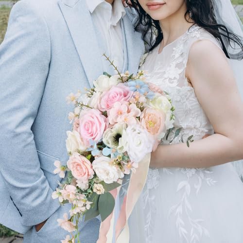 Blush Pink Wedding Bouquets for Bride,10 Inch Fake Cascading Bridal Bouquet Silk Faux Flowers for Ceremony Anniversary Wedding Bridal Shower(Light Pink) - color: Light Pink