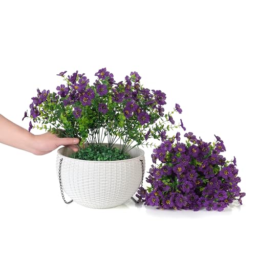 HyeFlora Artificial Faux Hanging Flowers Plants Basket for Outdoor Outside Decoration, Fake Silk Colorful Daisy in Planter for Porch Patio Garden Yard Home - color: Purple 2