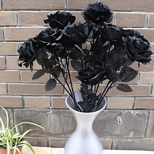 OUKEYI 8pcs Artificial Rose Flower, No Fade Black Roses,Single Stem Fake Silk Flowers Realistic Blossom Flora for DIY Home OfficeParty Decoration Bridal Wedding Bouquet Halloween Decoration (Black) - color: Black