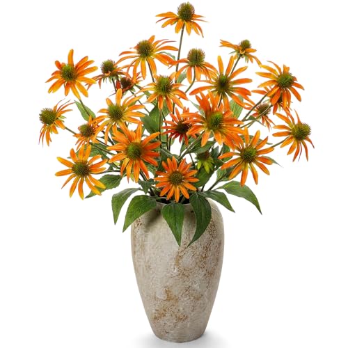 Knitgrip Orange 4 Pcs Artificial Coneflowers Stems 29 Inch Faux Echinacea Flowers Branch Realistic Farmhouse Fake Sunflower Floral Bouquet for Home Centerpiece Arrangement Indoor Outdoor Decor - color: Orange