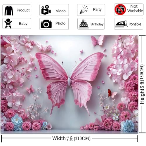 5x3ft Pink Butterfly Flower Backdrop for Photography Floral Wonderland Photo Background Baby Shower Birthday Bridal Shower Party Decors Newborn Girls Princess Portrait Photobooth Props - color: Pink01, size: 5X3FT