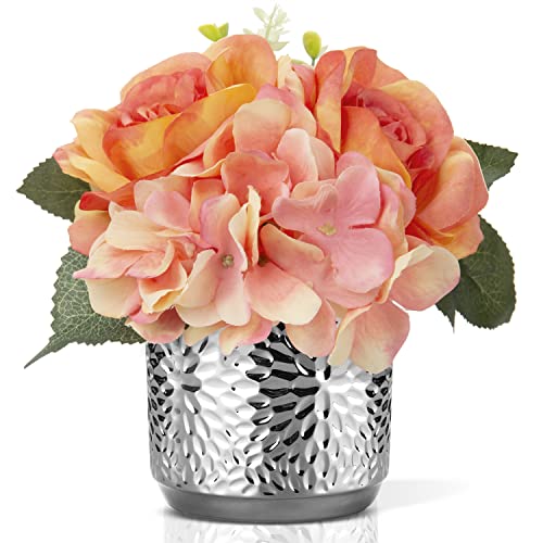 Fake Flowers Artificial Flowers Coral Orange Faux Flowers with Vase Silk Hydrangea & Rose Flower Arrangements in Ceramic Pots Centerpieces for Home Decor Tables Bathroom Kitchen Wedding Decorations - color: Charm Orange