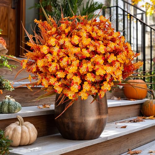 AXYLEX Artificial Fall Flowers Outdoor Fake Mums - 16 Bundles Fake Plants UV Resistant No Fade Faux Plastic Greenery Garden Porch Patio Fall Home Decor (1, OrangeGreen) - color: Orangegreen