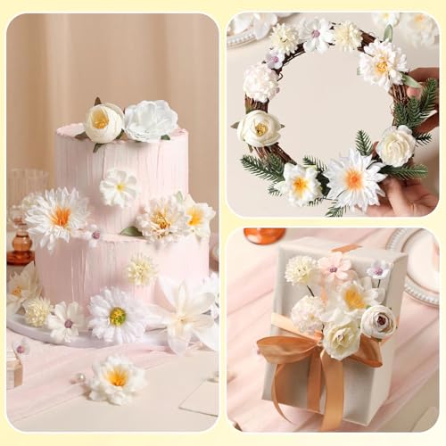 Artificial Flowers Heads Combo White Flowers Mix Silk Flowers Heads Bulk Faux Rose for Craft Garland Graduation Cap Wedding Bridal Baby Shower Home Party Decoration DIY Cake Decor - color: White