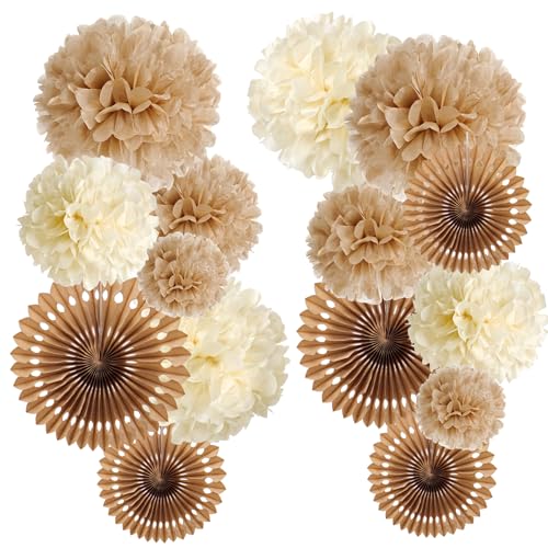 PAPER JAZZ 15 Pcs Wedding Decoration Vintage Beige Pompoms Decoration Brown Paper Fans Boho Party Decoration for Wedding Decoration Birthday Table Decoration Baby Shower - color: Vintage