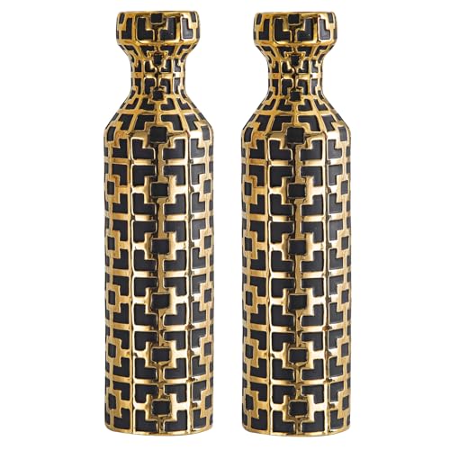 Pair of 24.4" Tall Ceramic Cylinder Vases with Geometric Gold Accents, Large Flower Vase, Decorative Vase - Modern Black & Gold Floor Vases for Living Room, Entryway Decor (Set of 2) - color: Black With Gold Set of 2