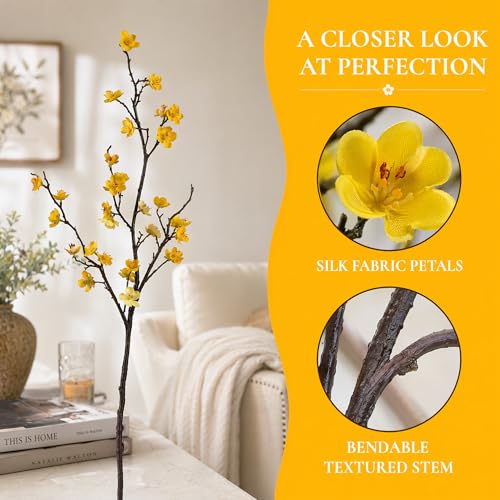 Plum Blossom Flowers Artificial,6Pcs Yellow Artificial Cherry Blossom Branches Flowers,Decorative Branches for Home and Office Decor (Yellow, 6)… - color: Yellow