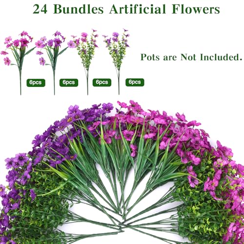 CEWOR Artificial Flowers for Outdoor Indoor, Fake Silk Daisy with Eucalyptus Leaves, Faux Flower for Garden Front Door Porch Planter Patio Home Decor (24 Bundles, Deep Purple Light Purple) - color: Purple Daisy