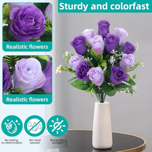 Artificial Rose Bouquets Fake Roses Flowers Set of 4 Realistic Silk Flowers for Cemetery Headstone Home Wedding Decoration UV Resistant No-Fading(Purple) - color: Purple