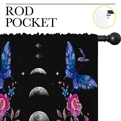 Boho Flower Blue butterfly Rod Pocket Blackout Curtains for Boy Girl Bedroom,Moon Phase Moonlit Garden Witchy Gothic Aesthetic Thermal Insulated Home Window Drapes for Living Room Darkening,42x45in - color: Boho Flower Blue Butterfly-005, size: 42"W x 45"