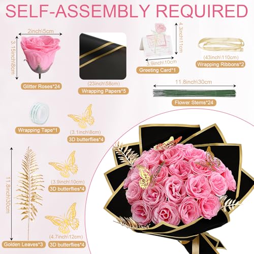 Pink Glitter Roses Bouquet - 24 Pcs DIY Glitter Flowers Bouquets Artificial Everlasting Elegance Shiny for Graduation Gifts Anniversary Birthday Wedding - color: Pink